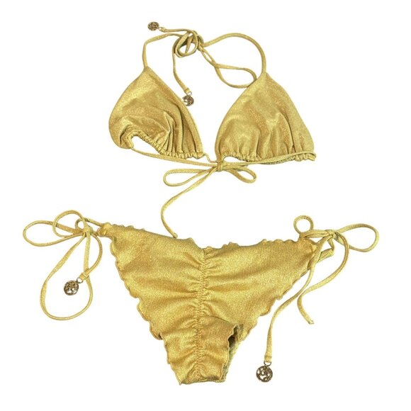 Luli Fama Triangle Top & Ruched Tie Side Bottoms Bikini in Gold - Picture 3 of 5